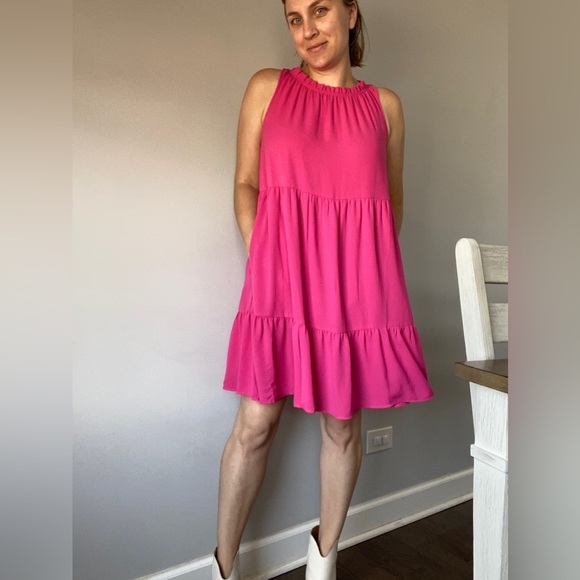 LOFT Dresses & Skirts - Loft Barbiecore pink dress size medium, drop waist and ruffle neck detail